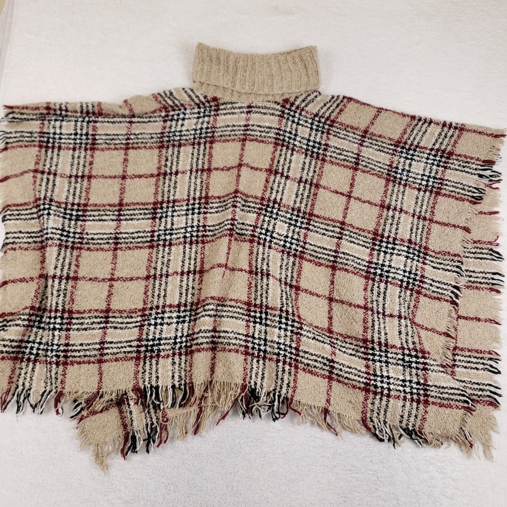 Plaid Turtleneck Poncho Brownstone Combo Fringe Trim Cape S/M Old Money Heritage